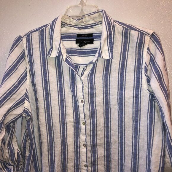 Tahari 1X White Blue Stripe 3/4 Sleeve Linen Button Up Tunic Blouse Top Shirt - Picture 5 of 9
